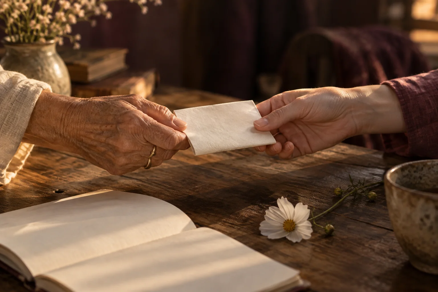 A folded note shared between two pairs of hands, a conceptual illustration